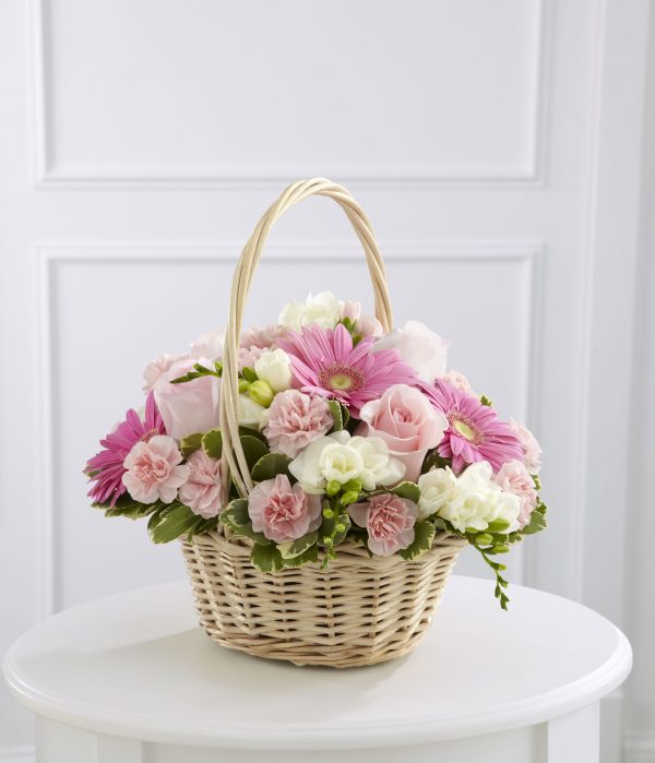 Light Pink and White Basket | Johnson Arrowood Funeral Home